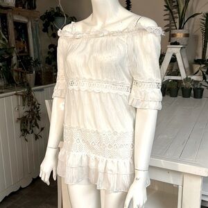 Adiva XS white lace off shoulder peasant dress/long shirt w embroidery detail